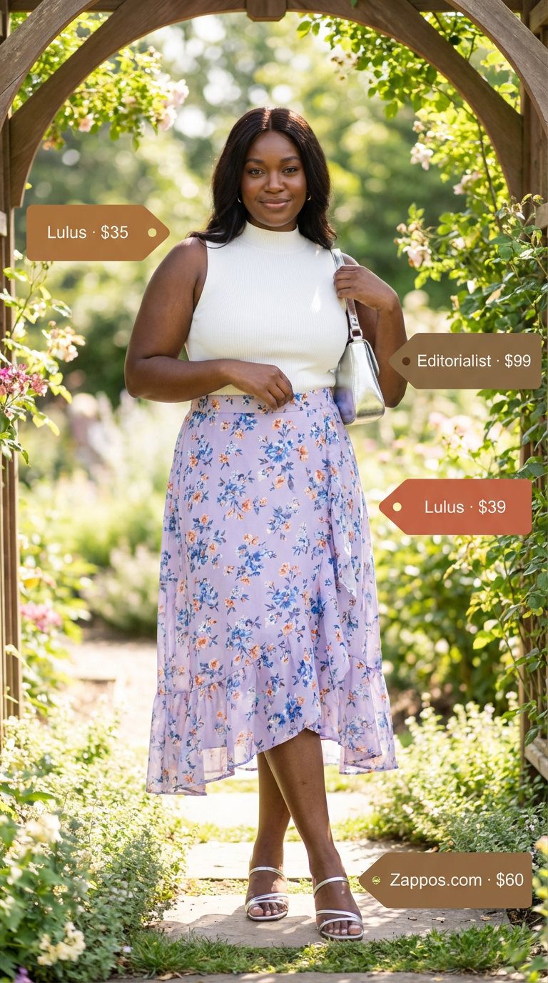 Elegant lavender floral midi skirt styled with a white ribbed knit top and silver block heel sandals, showcasing hot summer outfits for women 2026 suitable for a garden party or wedding.