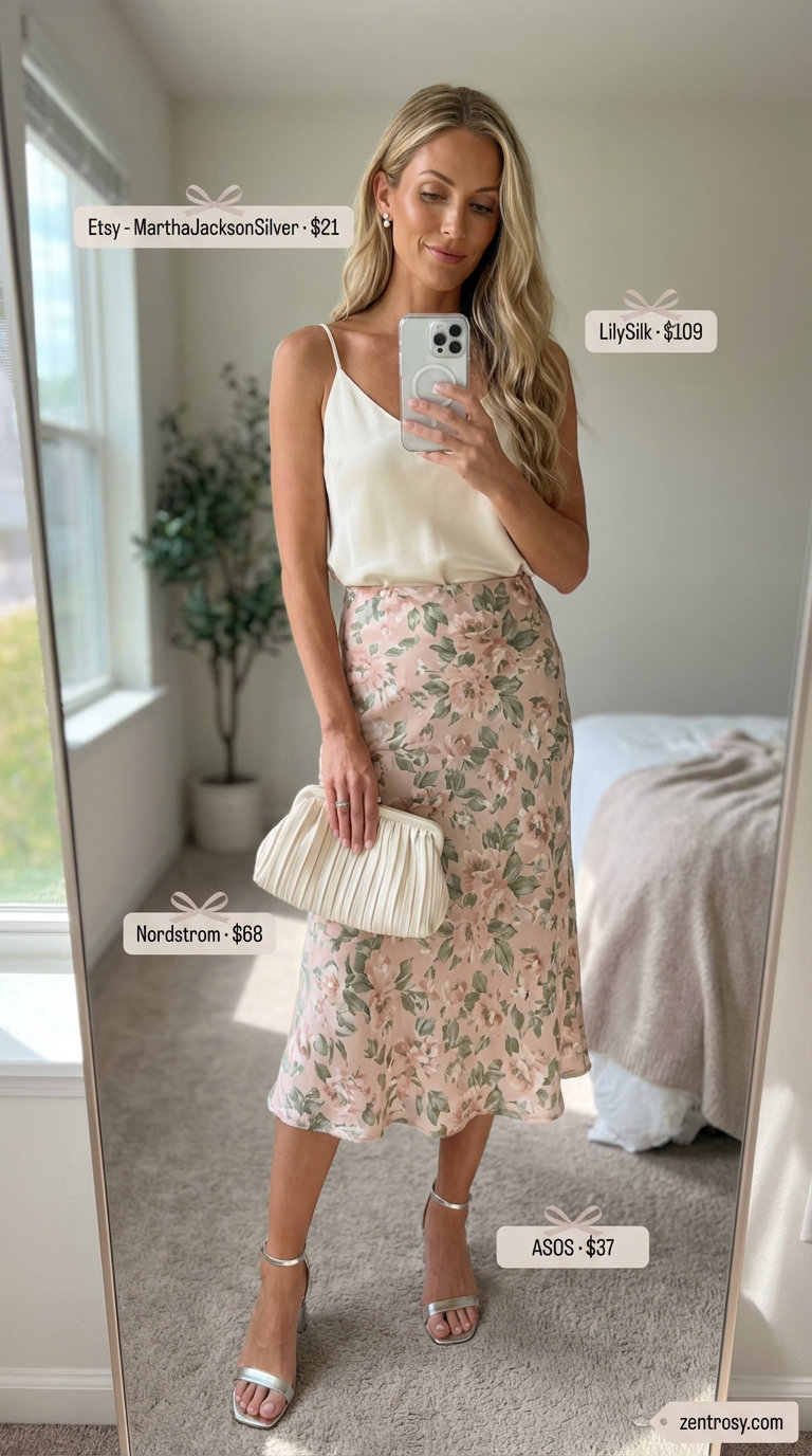 Glamorous garden party Hot summer outfits women 2026 with a blush pink floral midi skirt, cream silk camisole, silver sandals, and delicate accessories for a romantic, feminine vibe.