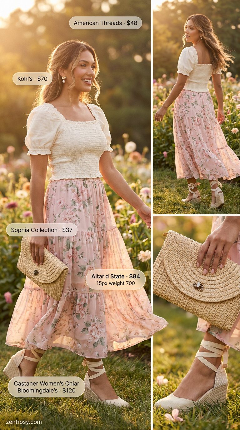 Romantic soft pink floral tiered maxi skirt with a cream smocked crop top and espadrille sandals for hot summer outfits for women 2026. Perfect for a garden party or outdoor wedding guest.