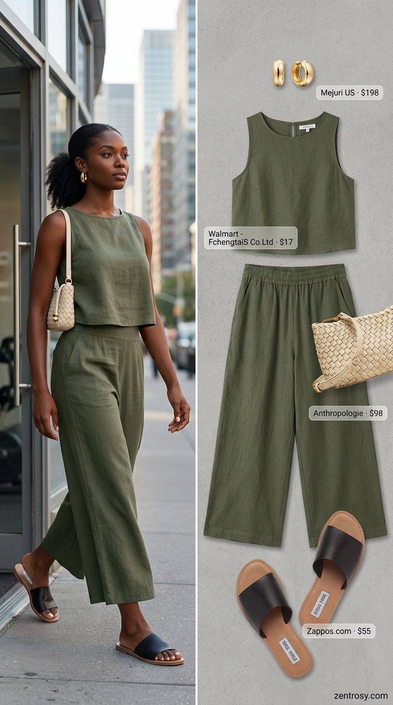 Chic khaki green cropped tank top and wide-leg pants set, perfect for hot summer outfits for women 2026. Styled with black flat leather sandals and a cream raffia crossbody bag, ideal for casual outings or brunch.