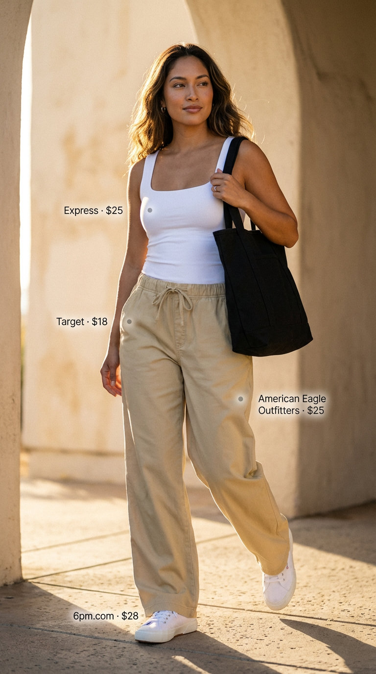 Comfortable khaki wide-leg pull-on pants with a black ribbed tank top and white canvas sneakers, a relaxed ensemble for hot summer outfits for women 2026, suitable for casual day outs.