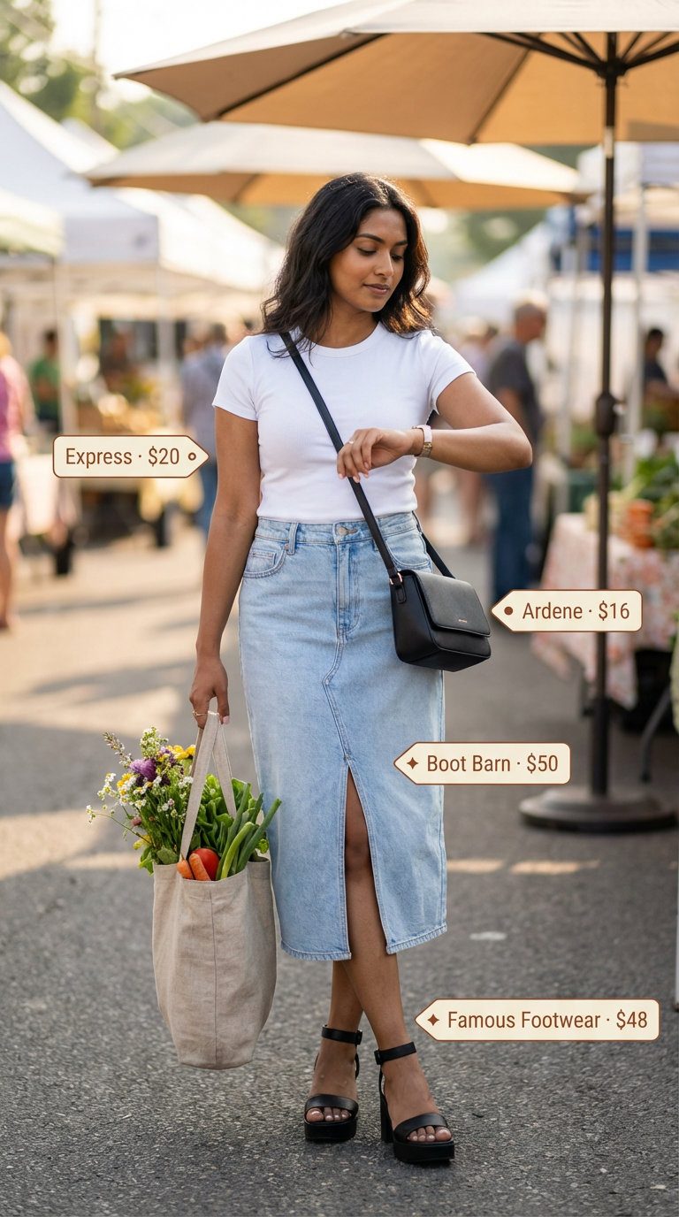 Casual weekend market stroll with Hot summer outfits for women 2026 including a light wash denim midi skirt, white crew neck t-shirt, black chunky sandals, and a structured crossbody for an effortless look.
