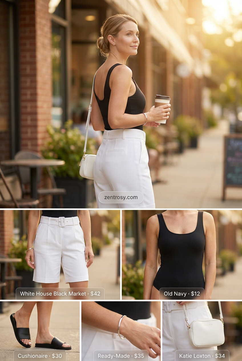 Modern minimalist white tailored Bermuda shorts with a black bodysuit and flat slide sandals for hot summer outfits for women 2026. Ideal for shopping or lunch with friends.