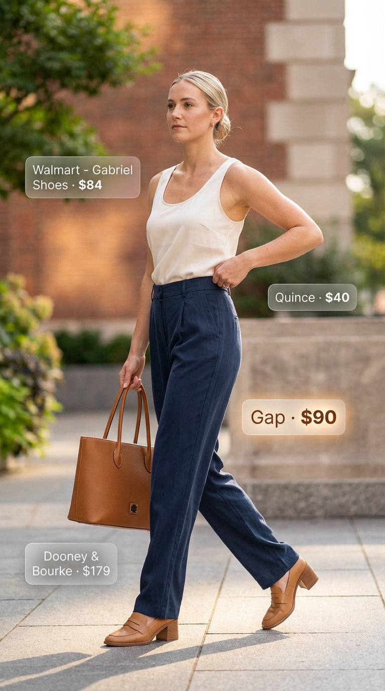 Summer office chic Hot summer outfits for women 2026 with navy wide-leg trousers, an off-white silk blend top, tan loafers, and a matching tote for a polished and comfortable work look.