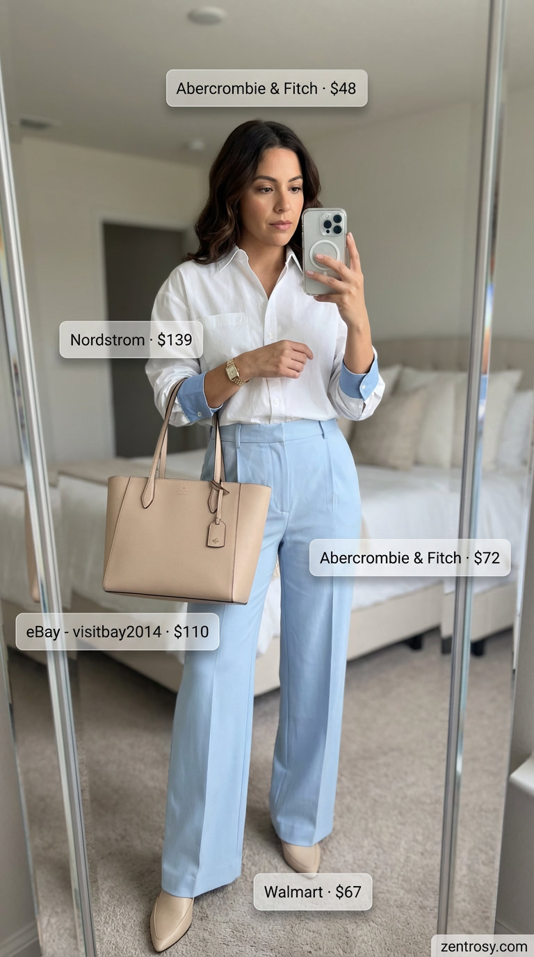 Hot summer outfits for women 2026 for the office featuring light blue wide-leg trousers, a white button-down, nude mules, and a structured tote for a polished, professional look.