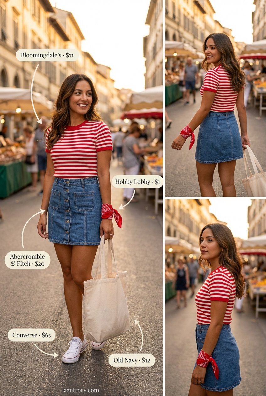 Playful red and white stripe knit top with an A-line denim mini skirt and white sneakers for hot summer outfits for women 2026. Great for a picnic or casual day out.