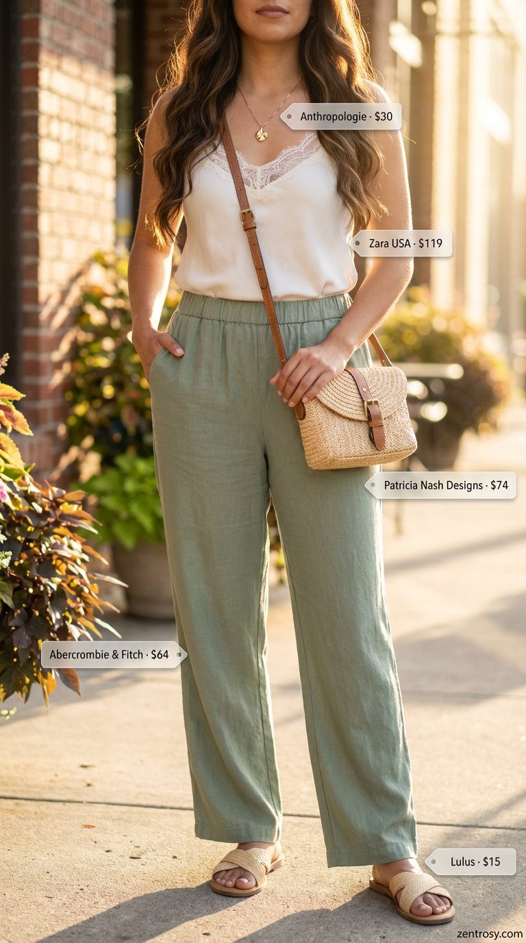 Relaxed sage green linen wide-leg pants paired with an ivory lace camisole and flat slide sandals, a soft and airy option for hot summer outfits for women 2026 perfect for brunch.