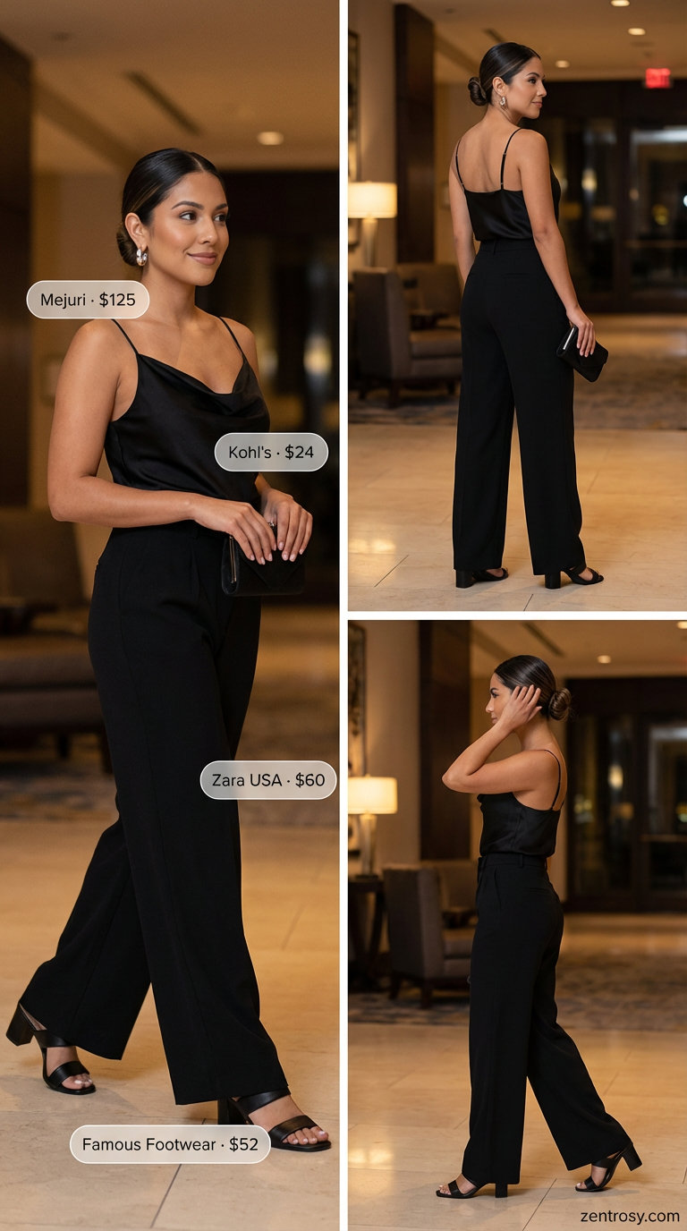 Sultry black satin cowl neck crop top with high-waisted wide-leg trousers and silver accessories for hot summer outfits for women 2026. Perfect for a dinner date or cocktail hour.