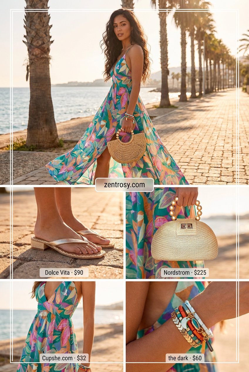 Vibrant turquoise and coral tropical print maxi dress, a fantastic option for hot summer outfits for women 2026. Paired with metallic thong sandals, a woven clutch, and beaded bracelets for a resort evening.