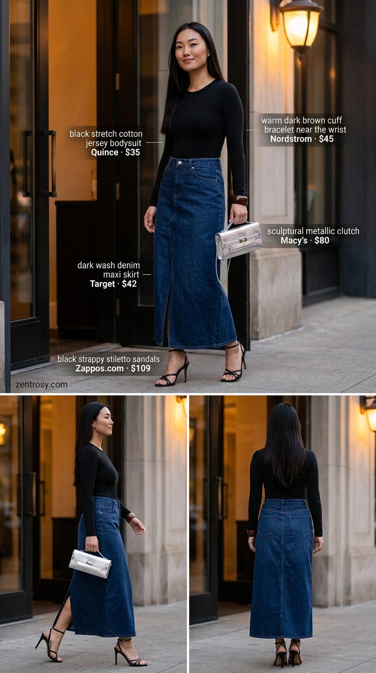 How to Style Denim Shorts Summer 2026: Chic maxi denim skirt outfit for evening events.