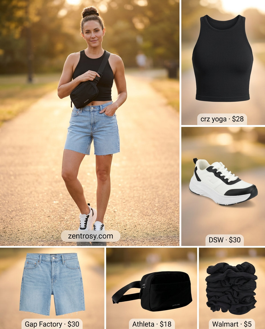 How to Style Denim Shorts Summer 2026: Athleisure outfit with athletic crop top, denim shorts, and fashion sneakers.