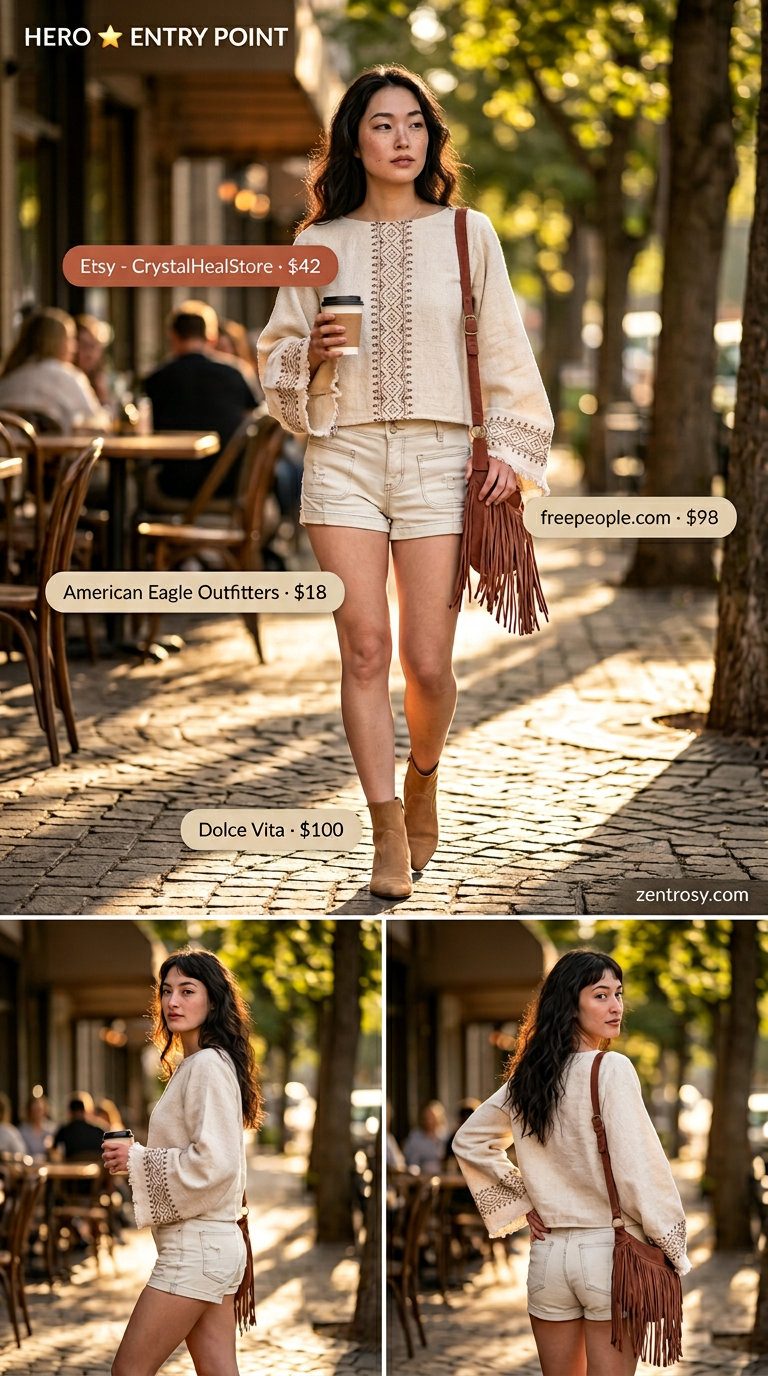 How to Style Denim Shorts Summer 2026: Boho vibes with distressed shorts and embroidered peasant blouse.