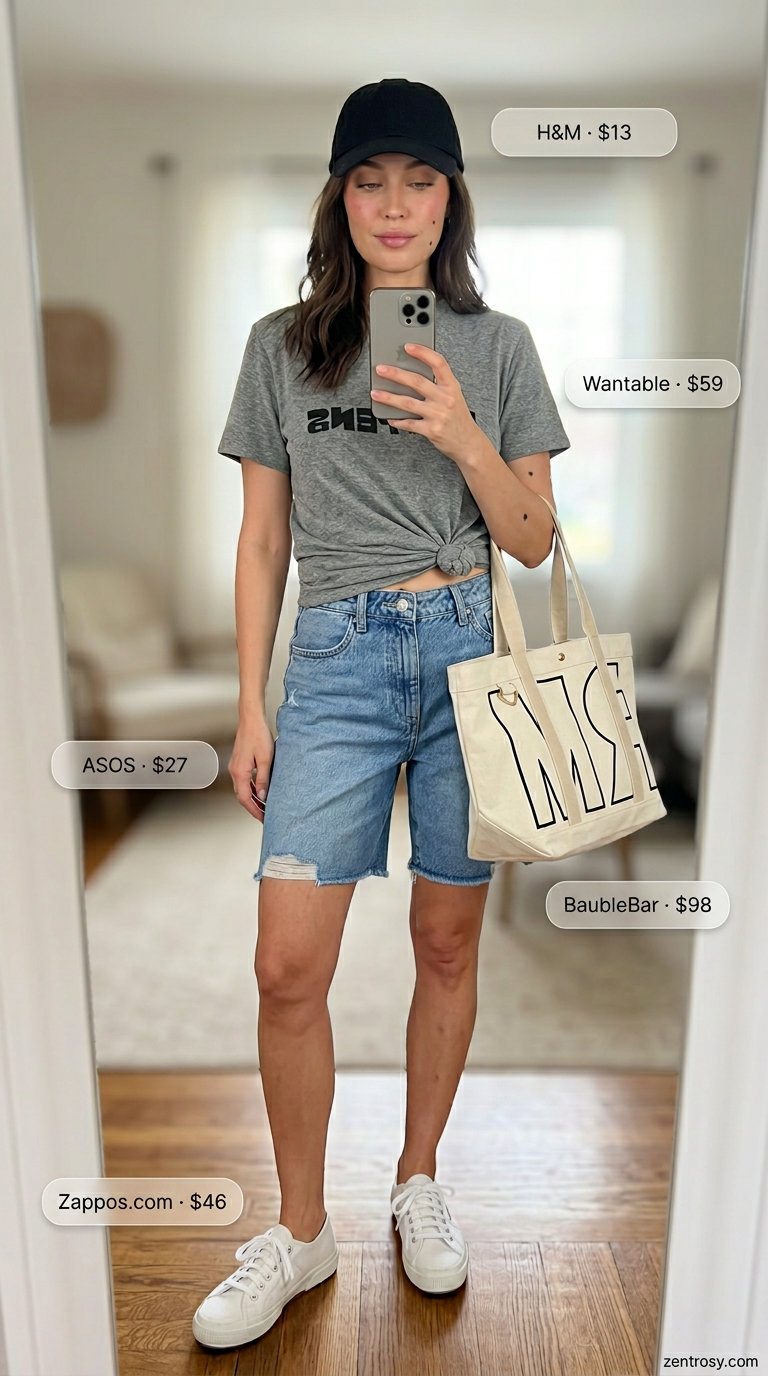 How to Style Denim Shorts Summer 2026: Comfortable everyday outfit with graphic tee, denim shorts, and cap.