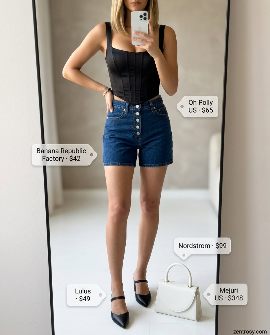 City Summer Chic outfit: How to Style Denim Shorts Summer 2026 with black corset top, tailored denim shorts, and heeled mules.