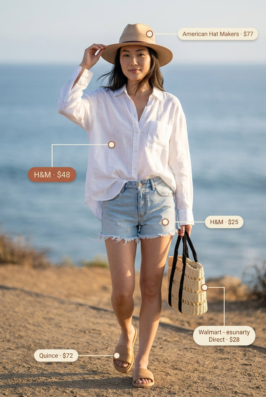 How to Style Denim Shorts Summer 2026: Effortless coastal look with linen shirt, frayed shorts, and straw hat.