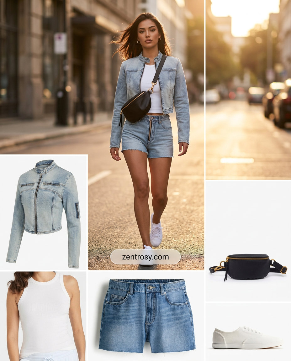 Denim on Denim Summer outfit: How to Style Denim Shorts Summer 2026 with cropped jacket, shorts, and tank top.