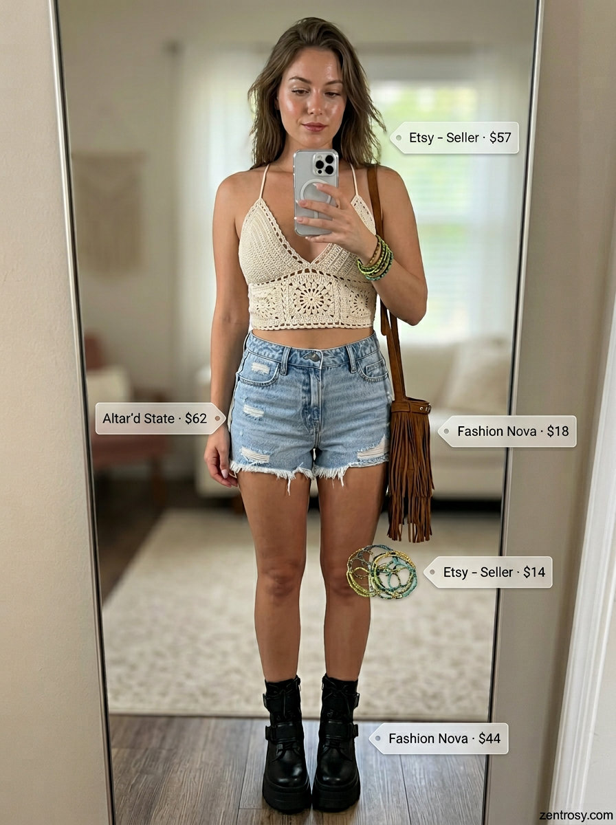 How to Style Denim Shorts Summer 2026: Festival outfit with crochet top, distressed shorts, and combat boots.