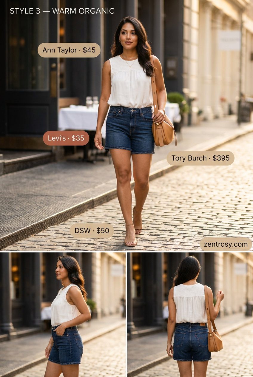 How to Style Denim Shorts Summer 2026: Sophisticated evening outfit with tailored shorts, structured blouse, and block heels.