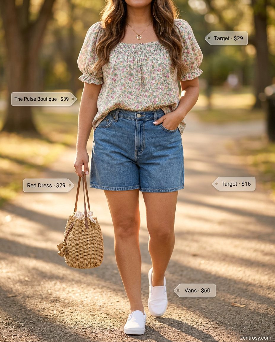 How to Style Denim Shorts Summer 2026: Playful pink floral blouse, denim shorts, and canvas sneakers.