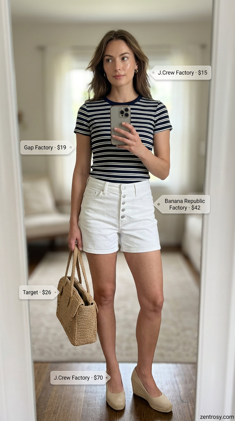 How to Style Denim Shorts Summer 2026: Polished white shorts, striped knit top, and espadrille wedges.