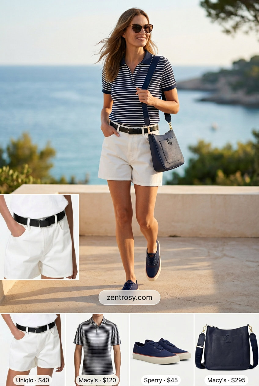 How to Style Denim Shorts Summer 2026: Preppy outfit with polo shirt, white denim shorts, and boat shoes.