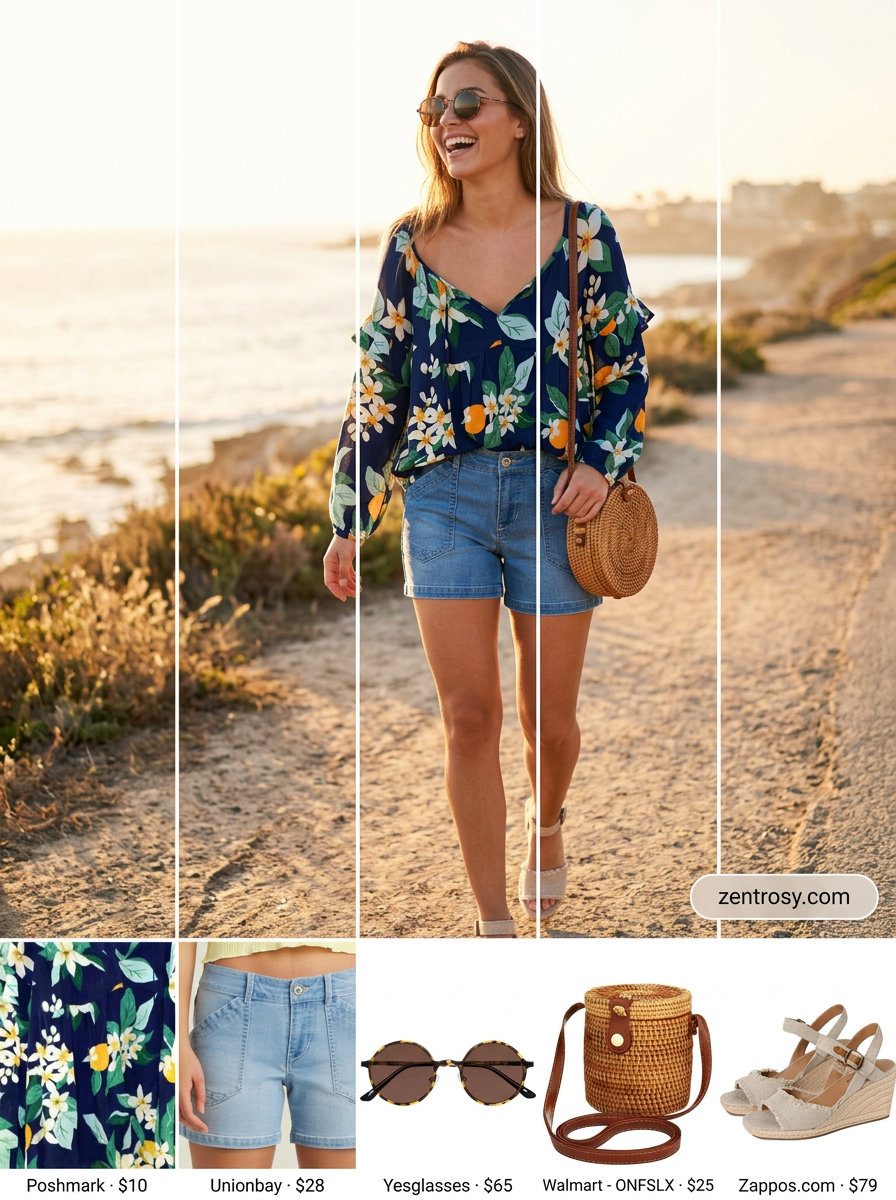 Resort Ready Denim outfit: How to Style Denim Shorts Summer 2026 with flowy blouse, espadrilles, and straw bag.