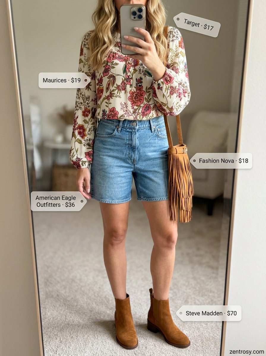 How to Style Denim Shorts Summer 2026: Bohemian retro outfit with peasant blouse, denim shorts, and suede boots.