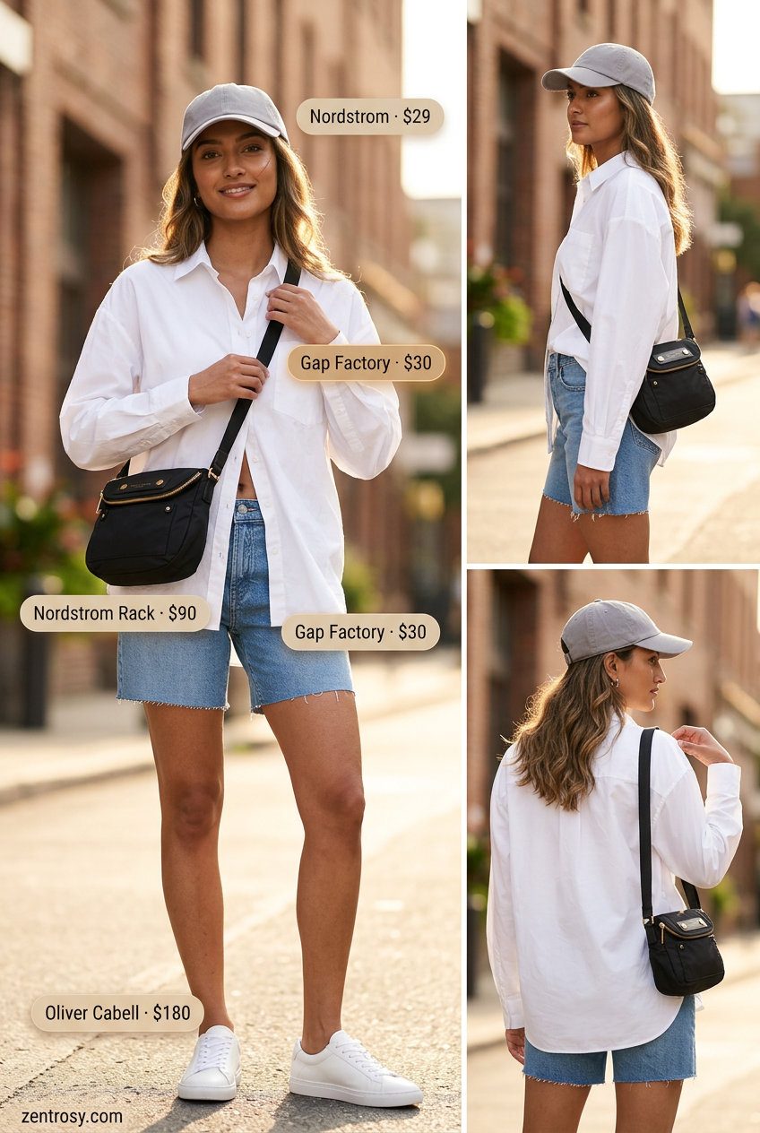 Sporty Chic Denim outfit: How to Style Denim Shorts Summer 2026 with oversized shirt, shorts, and sneakers.