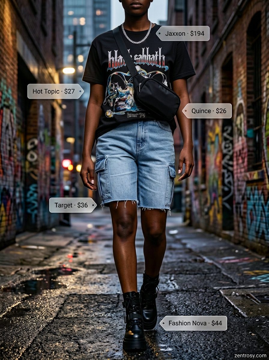 Urban Explorer Denim outfit: How to Style Denim Shorts Summer 2026 with cargo shorts, graphic tee, and combat boots.