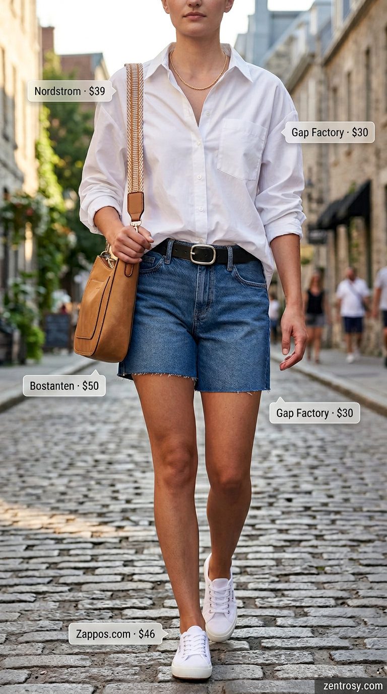 How to Style Denim Shorts Summer 2026: Casual weekend outfit with oversized shirt, denim shorts, and sneakers.