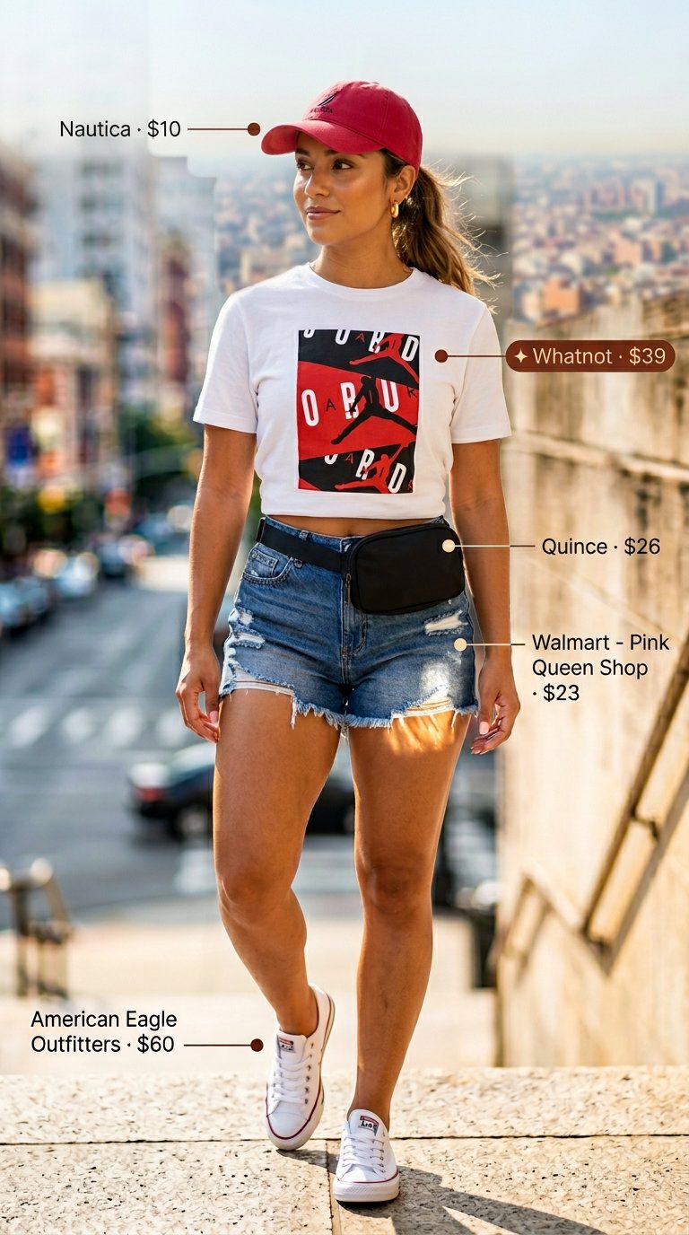 Weekend Wanderer outfit: How to Style Denim Shorts Summer 2026 with graphic tee, baseball cap, and sneakers.