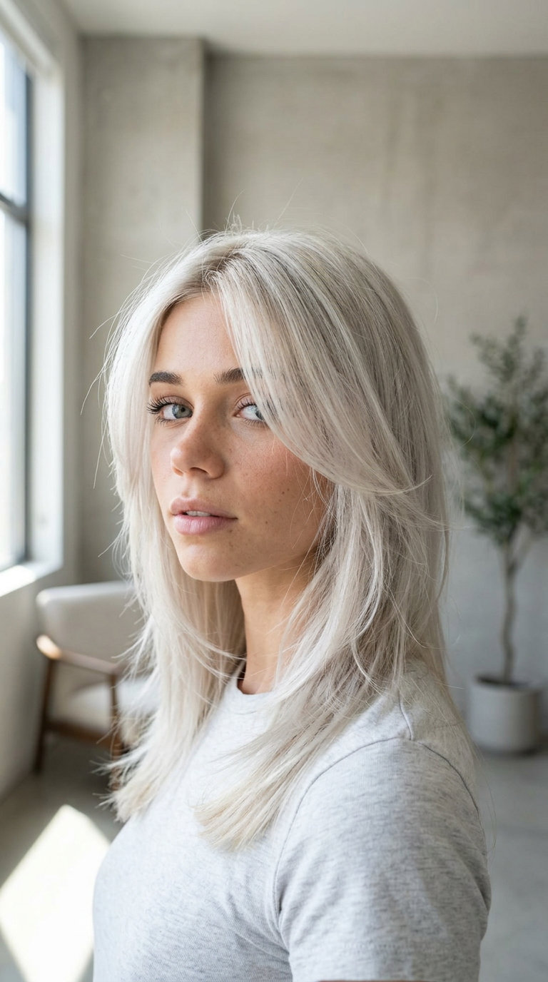 medium layered butterfly haircut in ice blonde with silver undertones, wispy layers — ethereal minimalist