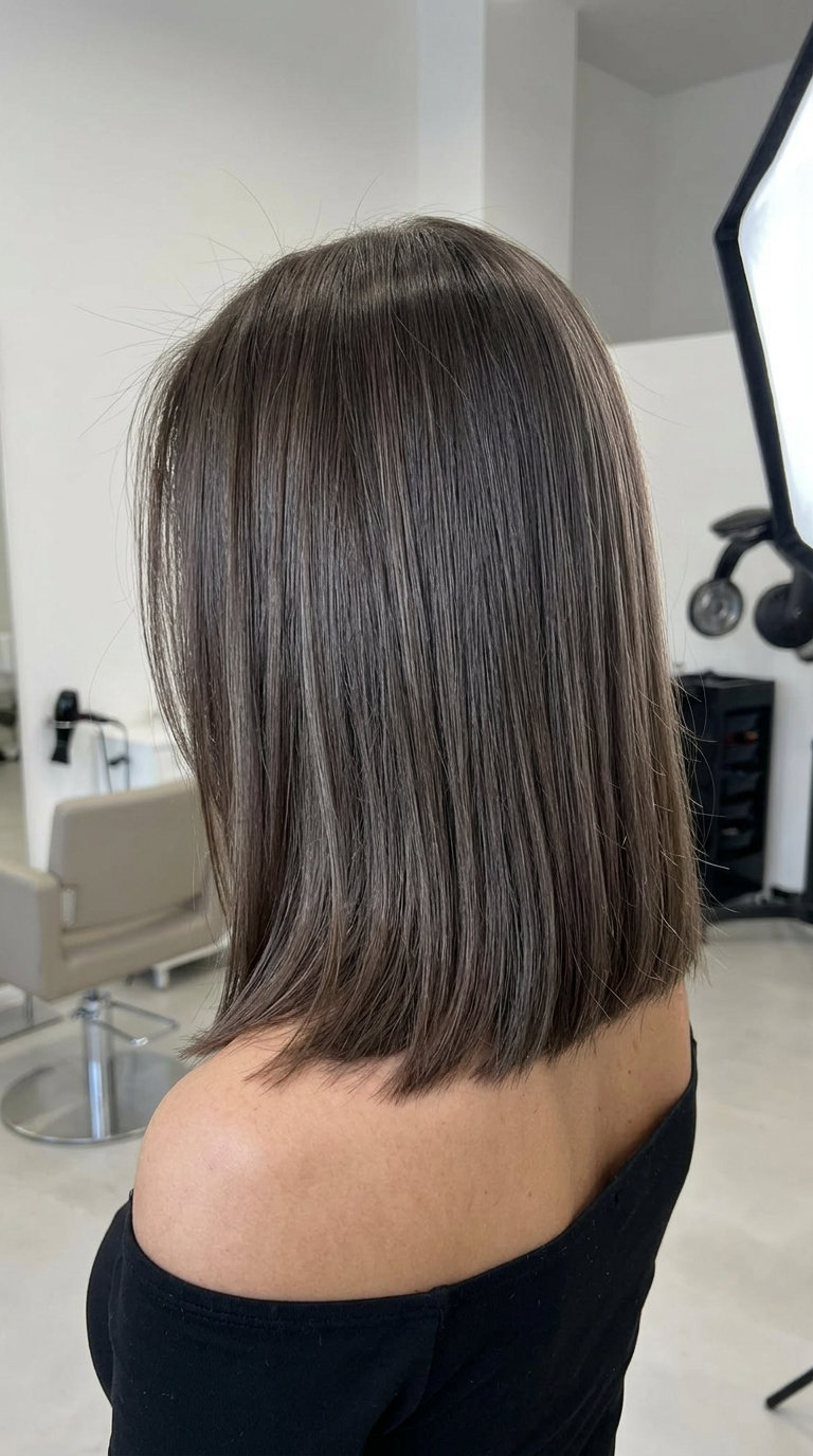 shoulder-length blunt ash brown lob with smoky dimensions and high gloss for professional