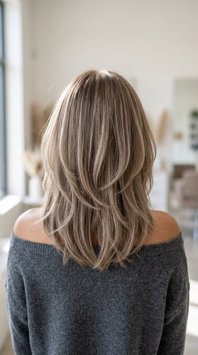 medium butterfly haircut in iced chai with beige highlights, ghost layers, no fringe — effortless daily wear