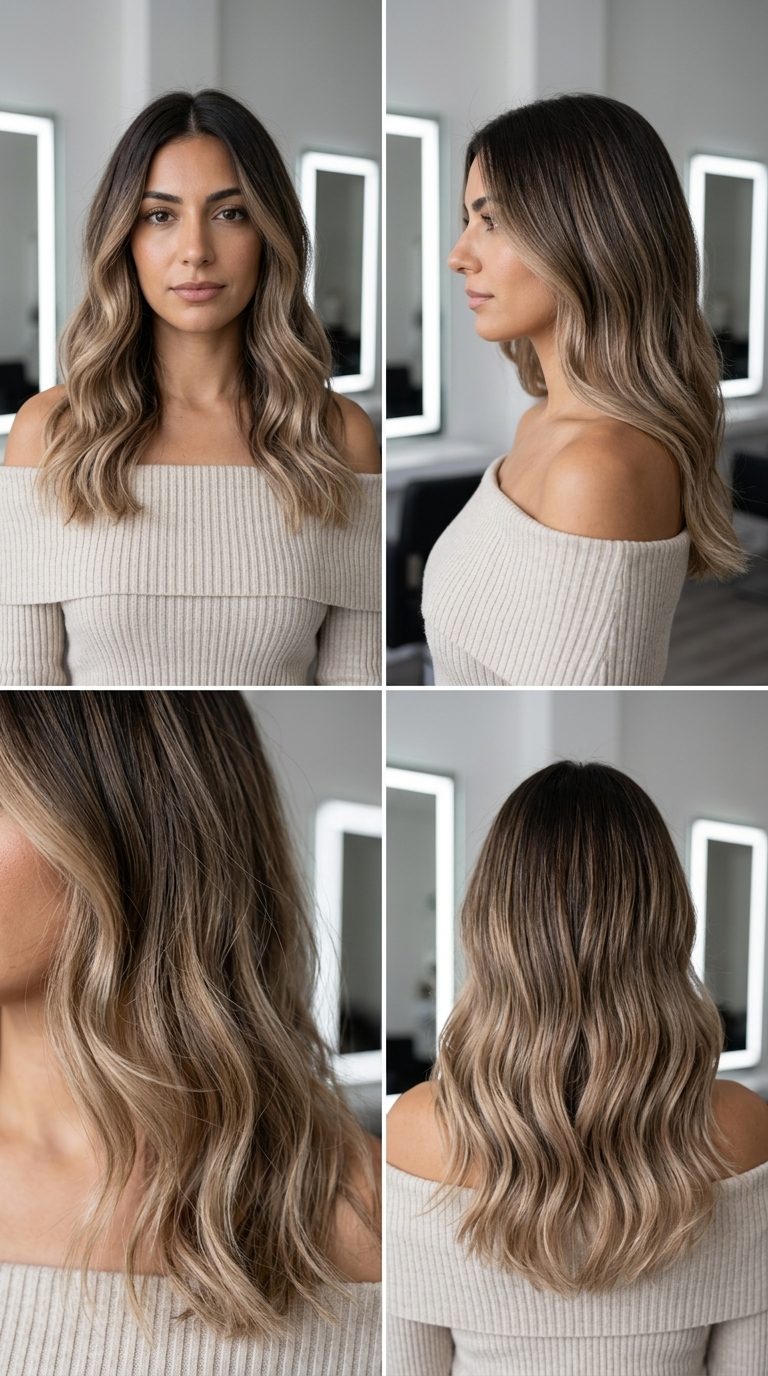 long layered iced coffee brunette hair color with creamy beige ends, ombré technique — effortless modern