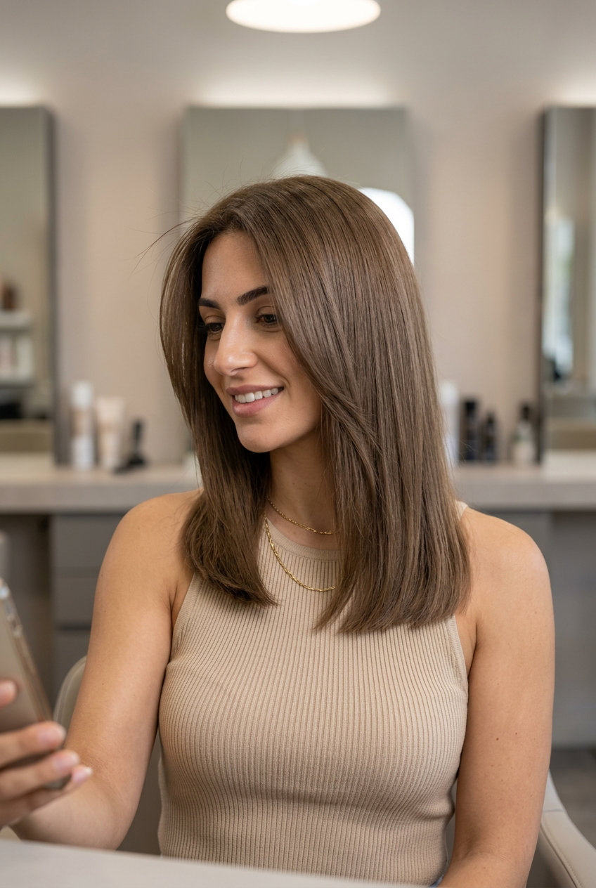 short blunt iced coffee brunette hair color with neutral finish, all-over color technique — minimalist sophisticated