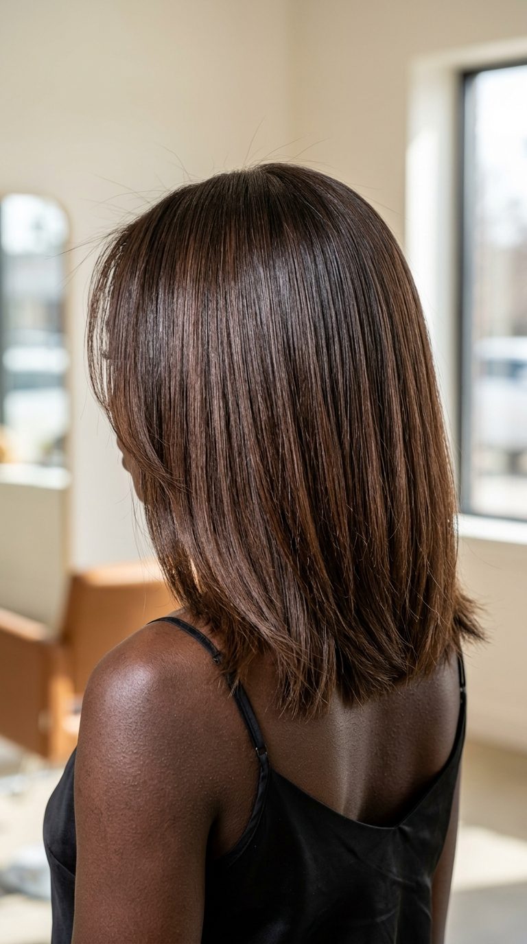 collarbone-length lob espresso brunette with cool gloss, soft blunt ends, face-framing layers — minimalist sleek
