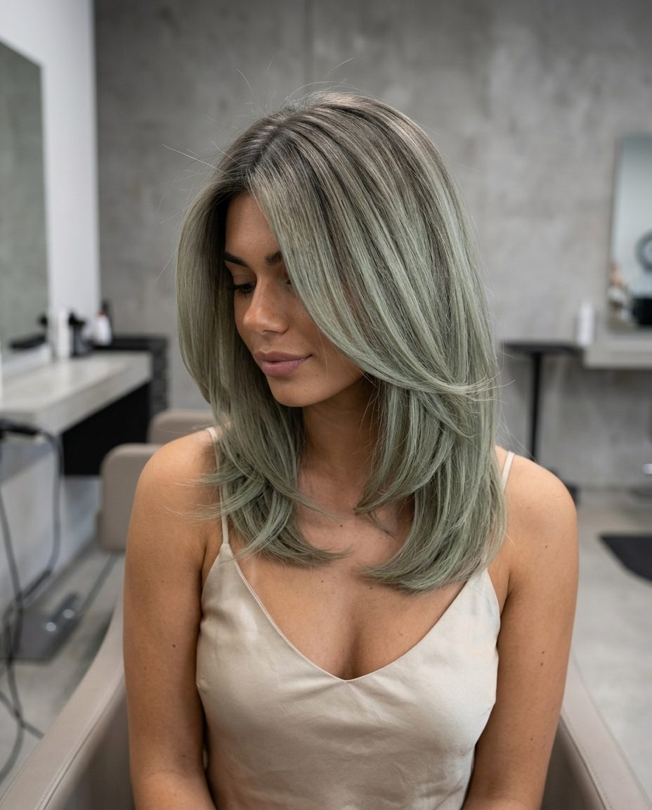 Iced Matcha Ash Blonde Melt 2026 long ash blonde with iced matcha color melt, cool ash root, no fringe — modern professional look