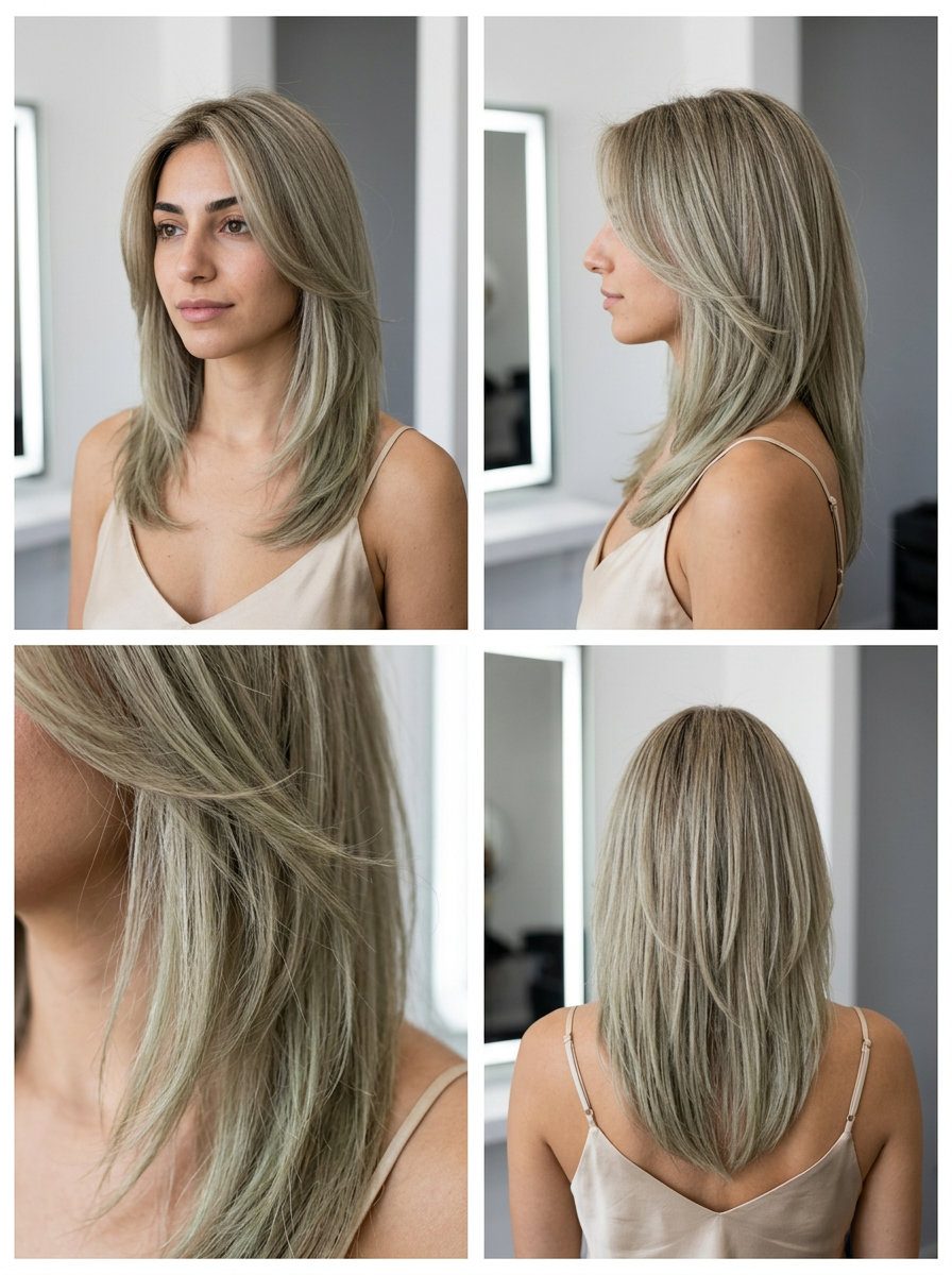 Iced Matcha Ash Blonde 2026 long ash blonde with iced matcha undertones, color melt, no fringe — bohemian casual look