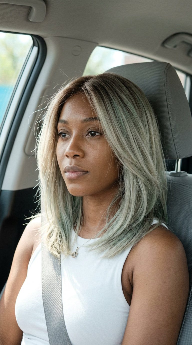 Iced Matcha Ash Blonde Melt 2026 long ash blonde with cool green undertone and ash brown root, color melt, no fringe — bold avant-garde look