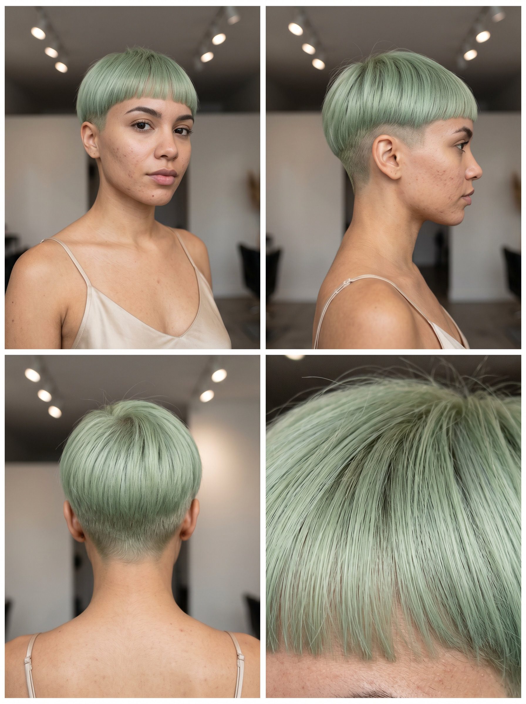 very short pixie haircut with iced matcha green, blunt cut, micro-fringe for festivals