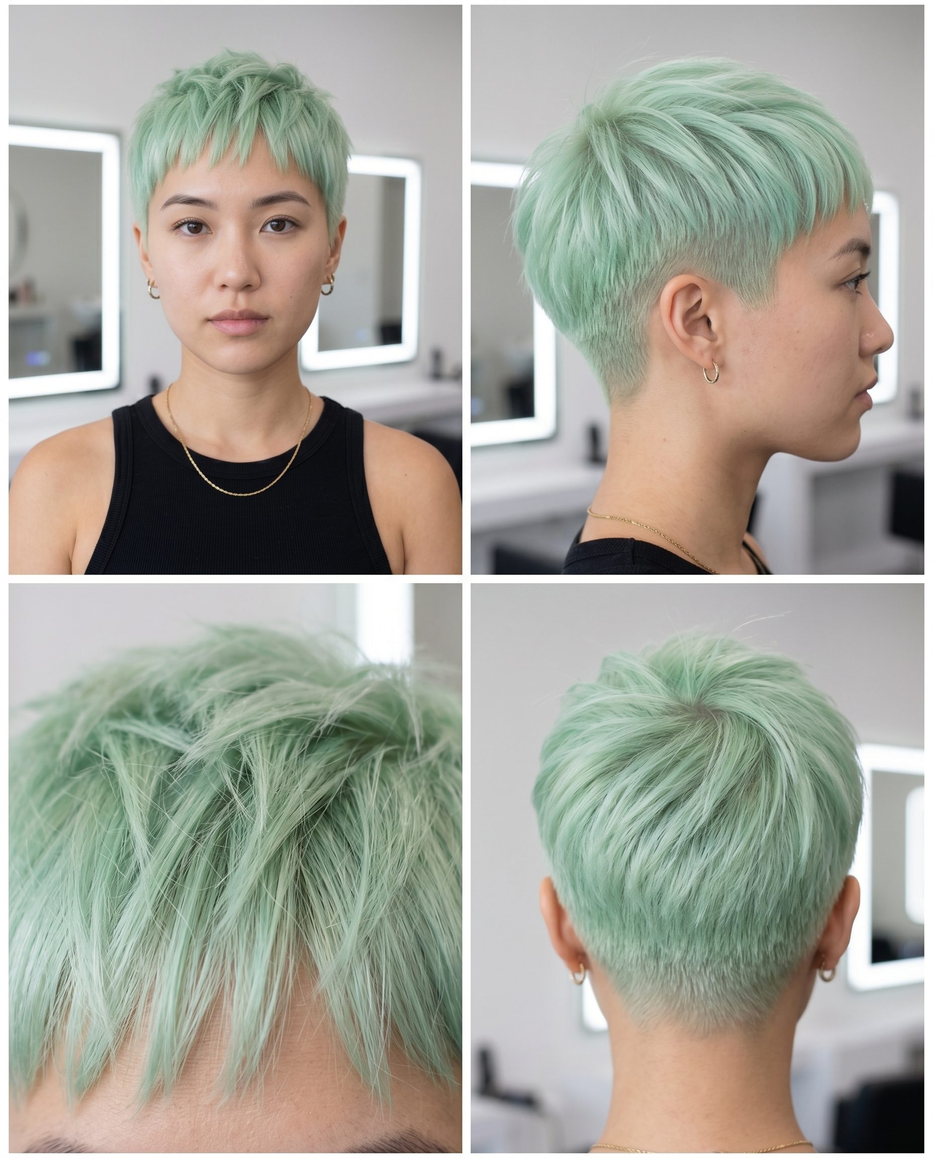 very short pixie haircut with iced matcha green, platinum base and micro-fringe for playful look