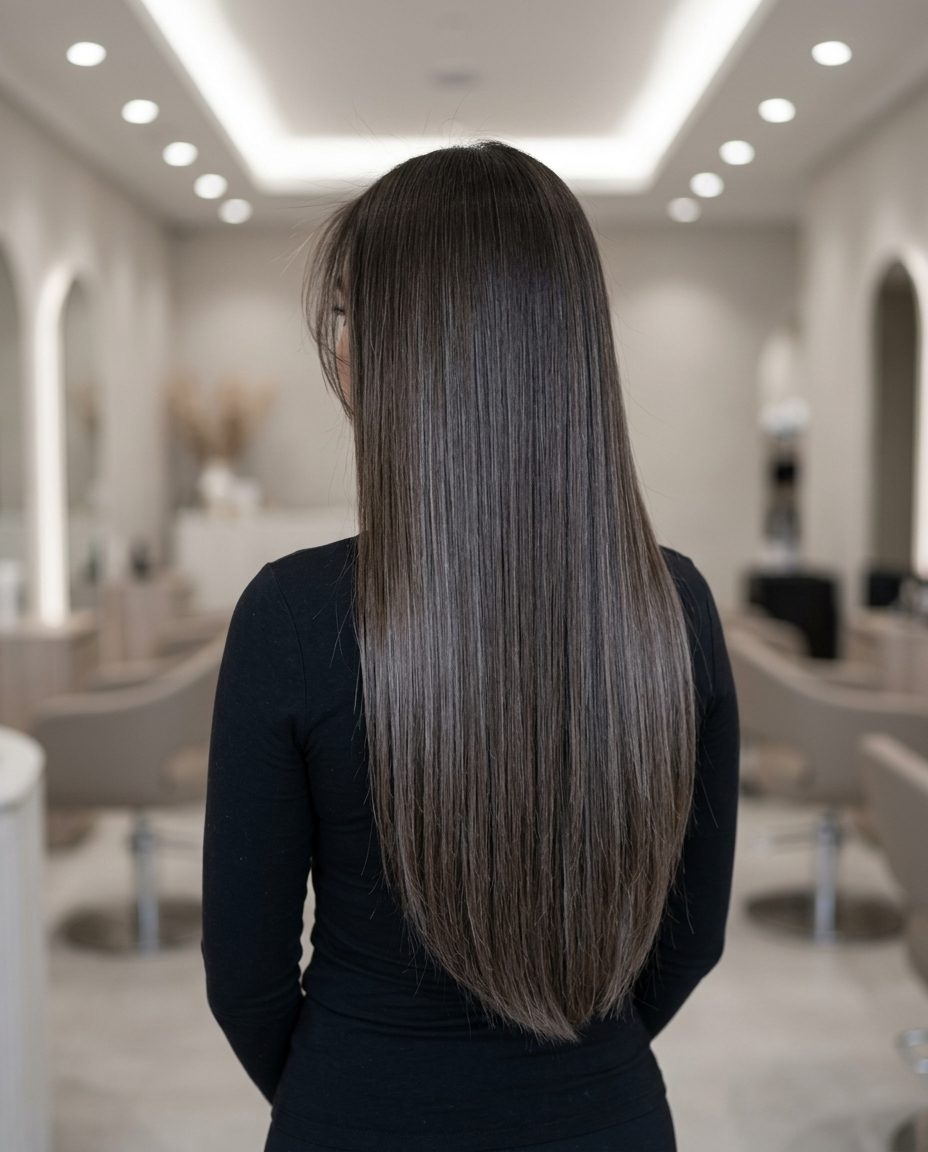 Iced Mocha Long Hair 2026: Frosty Babylights extra-long iced mocha brown haircut with frosty ash babylights and blunt ends for elegant modern style