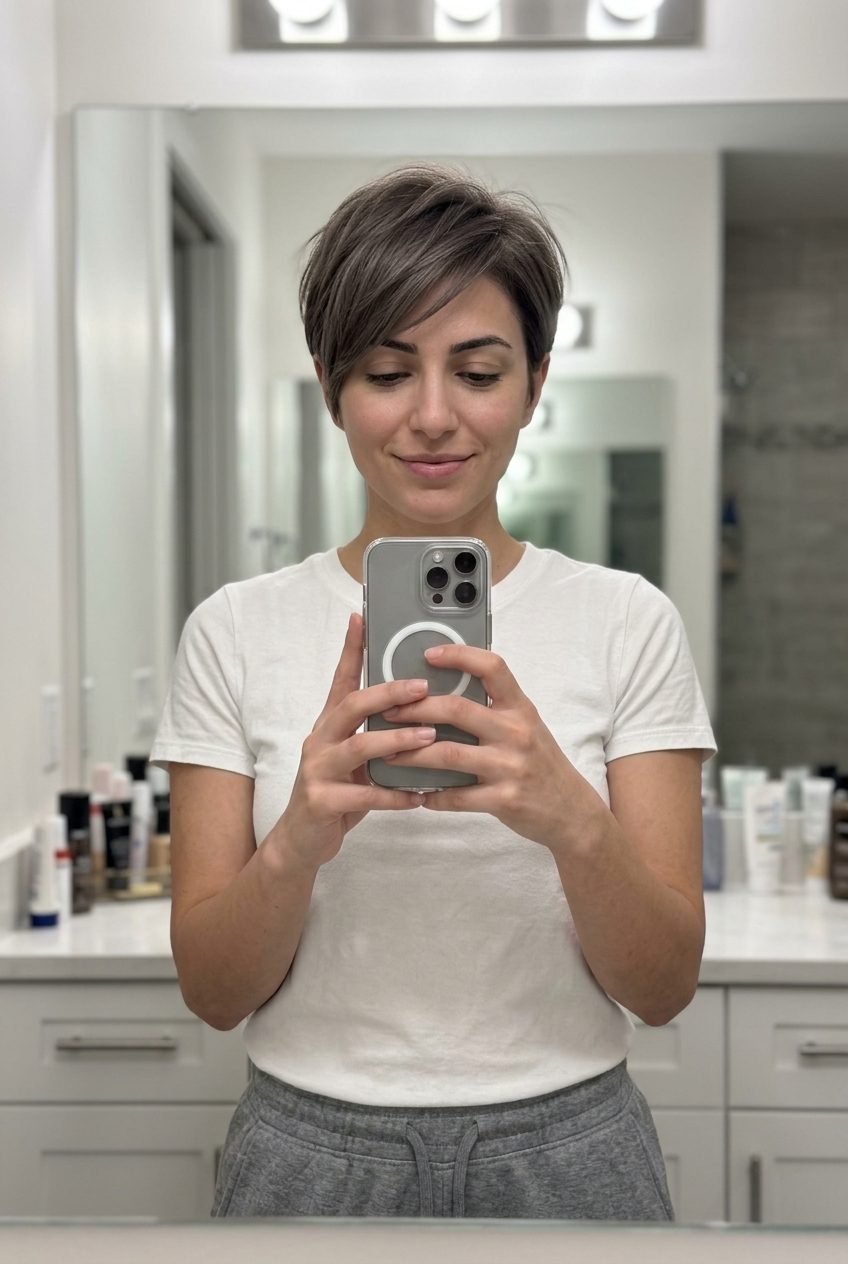 short asymmetric crop with iced mocha color, piecey top, sharp perimeter — edgy