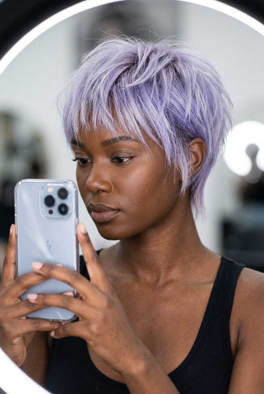 Icy Lavender Bixie Haircut 2026 short razored bixie haircut in icy lavender with platinum base, choppy texture, micro-fringe — bold & edgy