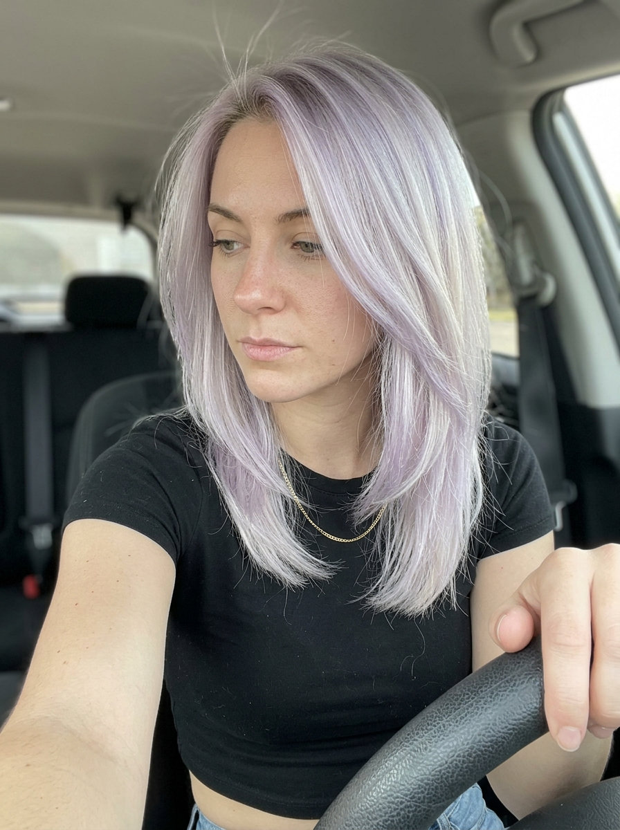 Icy Lavender Blonde Pixie 2026 short pixie icy lavender blonde with translucent lavender overlay, no root shadow — edgy art event