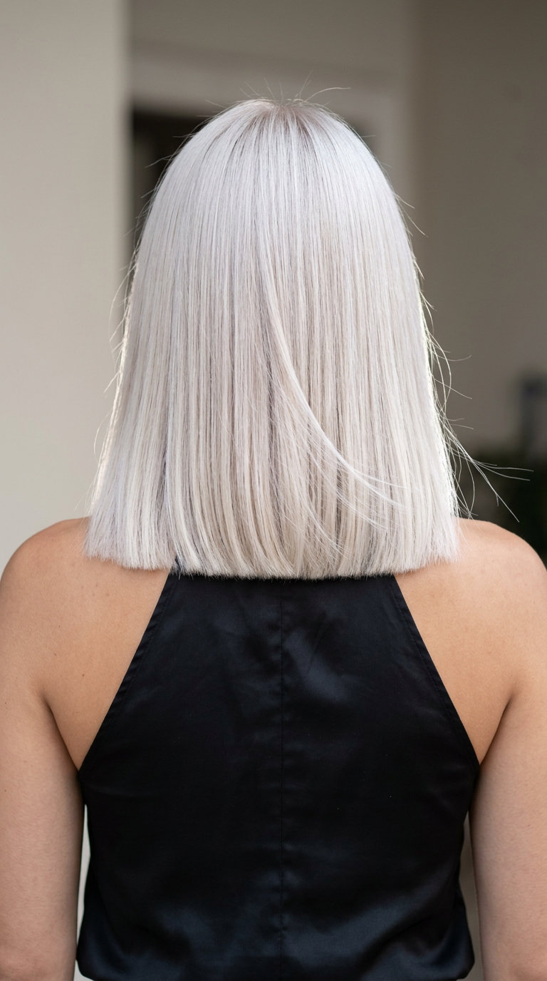 Platinum Power Lob: Daring & High-Fashion 2026 medium lob haircut in icy platinum blonde with pearl-beige tone and blunt perimeter for high-fashion looks