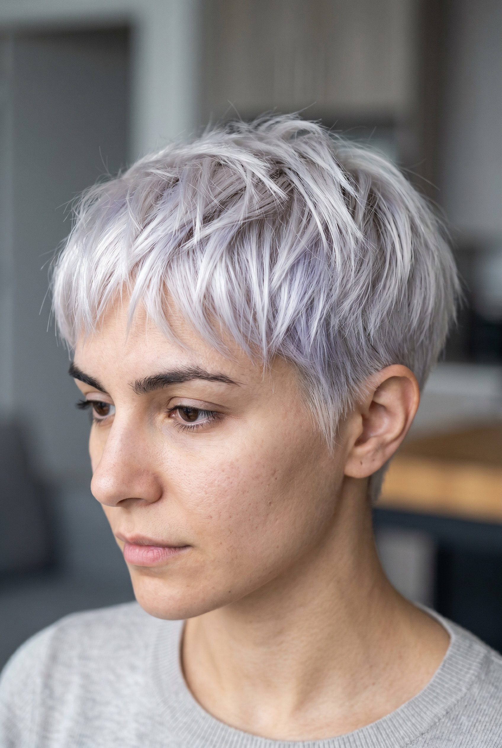 very short pixie haircut with icy platinum blonde, violet-blue undertones and micro-fringe for art