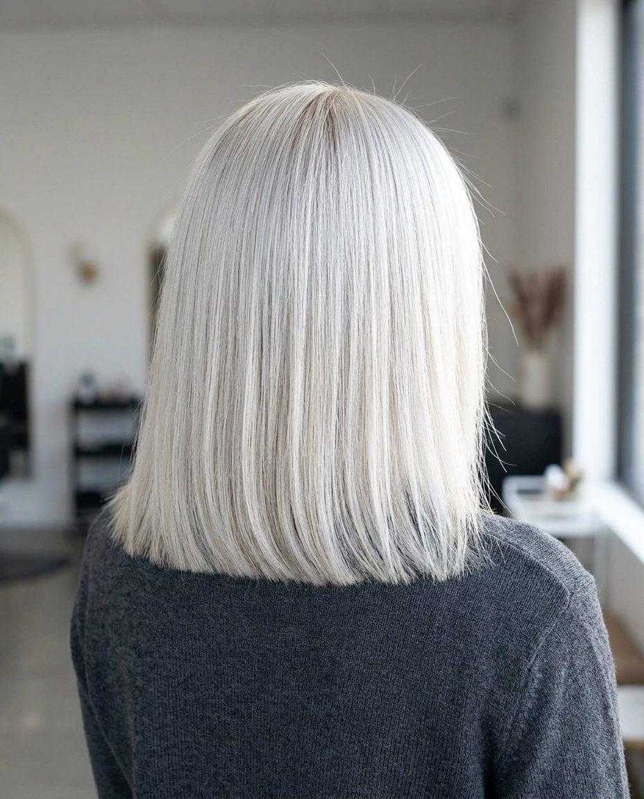 Icy Platinum Blunt Lob 2026 for Round Faces collarbone-length blunt lob haircut in icy platinum blonde, sharp perimeter — bold sophisticated edgy