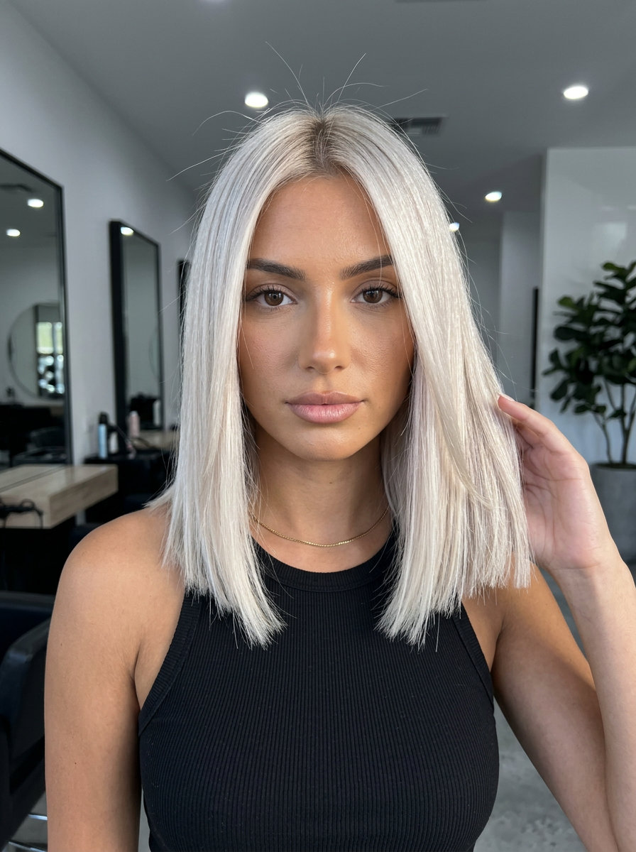 collarbone-length lob with icy platinum blonde and ash-beige root smudge for boldness